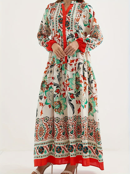 Floral Printed Cotton Maxi Dress – Elegant Loose Fit Long Sleeve Boho Style