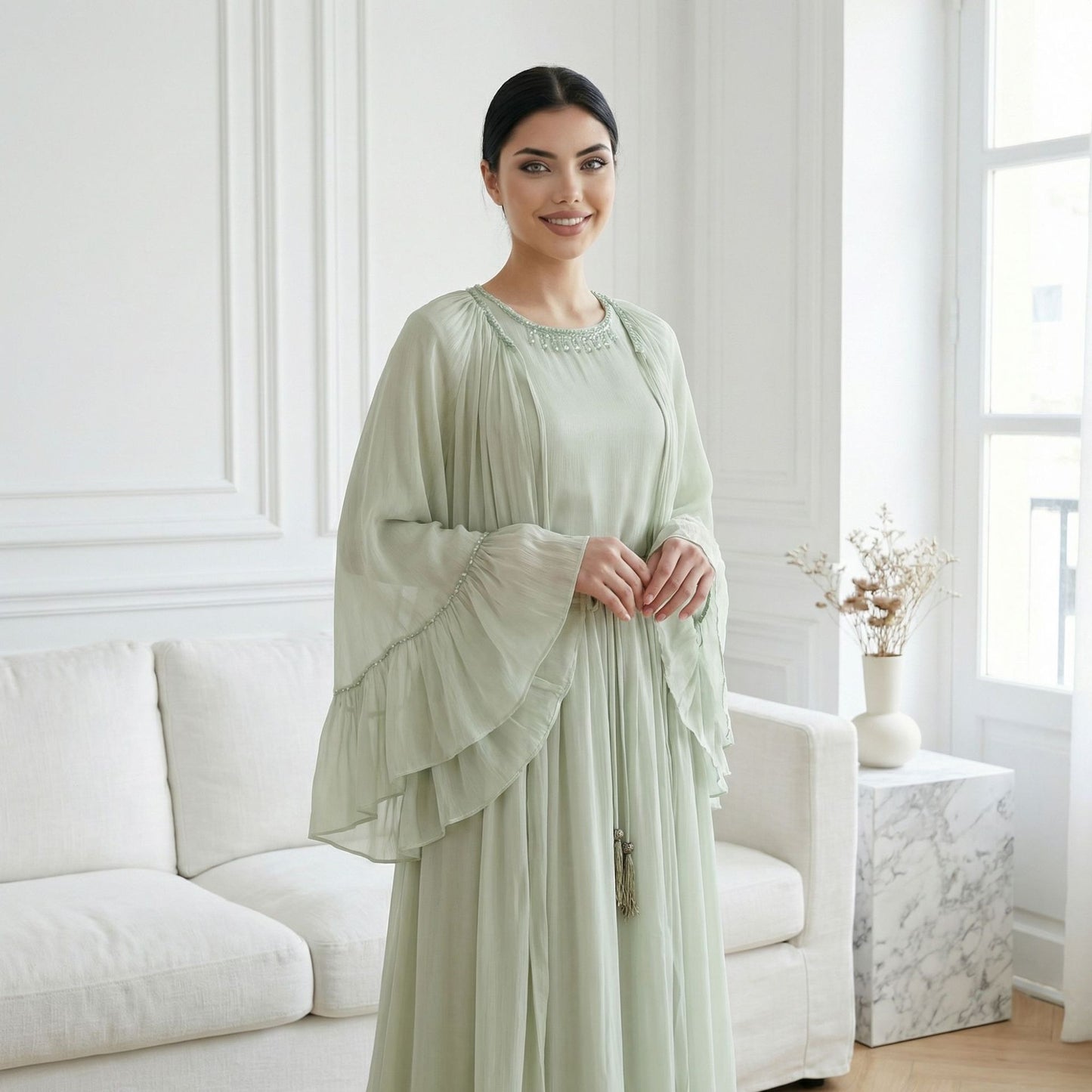 Abaya Elegant Two-Piece Modest Dress Set with Matching Shawl – Premium Chiffon Long Sleeve.