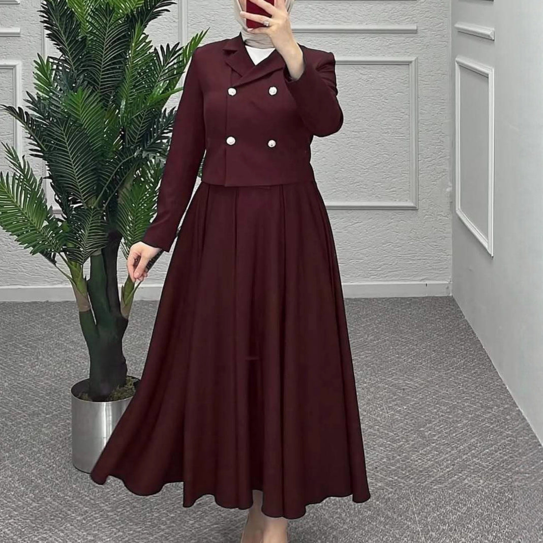 New Autumn Suit European and American Workplace Button Woolen Jacket Preppy Style A-Line Long Skirt Suit