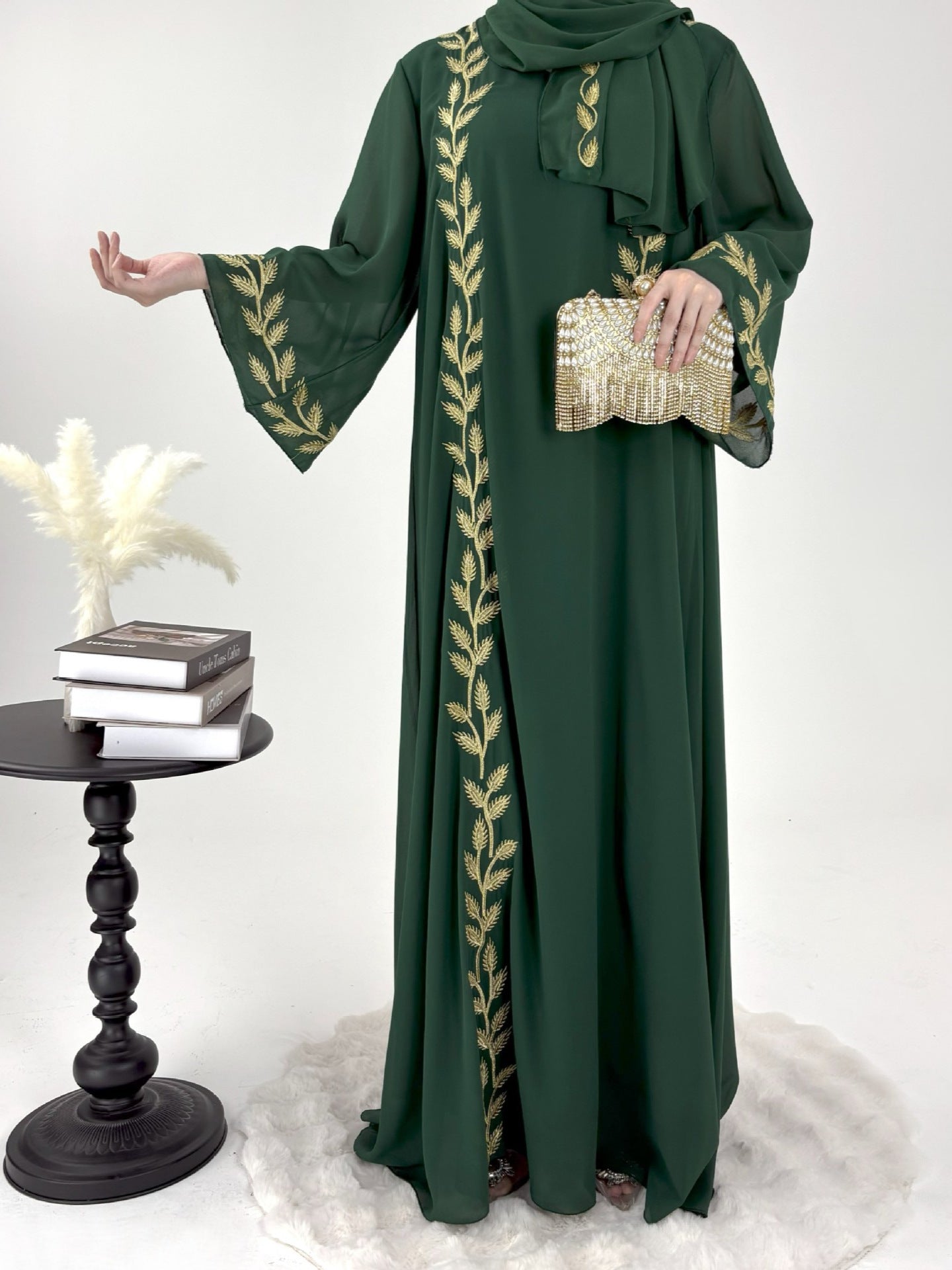 Turkish Style Embroidered Skirt Chiffon Long Dress with Headscarf