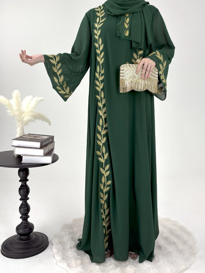 Turkish Style Embroidered Skirt Chiffon Long Dress with Headscarf