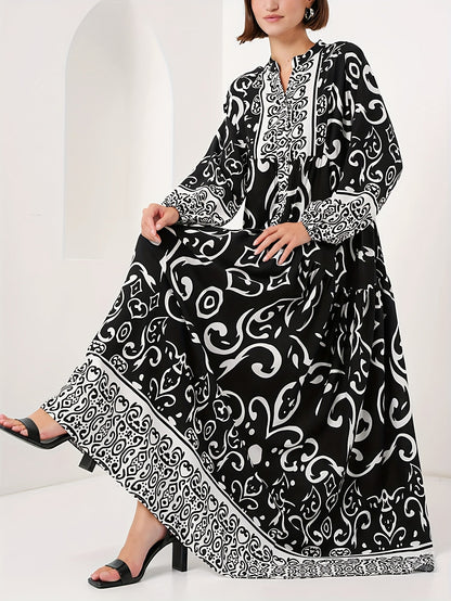 Black Cotton Printed Maxi Dress – Elegant Loose-Fit Long Sleeve Abaya Style