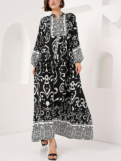 Black Cotton Printed Maxi Dress – Elegant Loose-Fit Long Sleeve Abaya Style