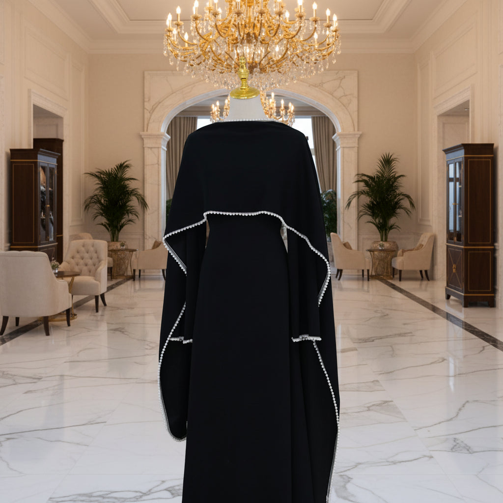 Black abaya with white embroidery on a mannequin against a neutral background