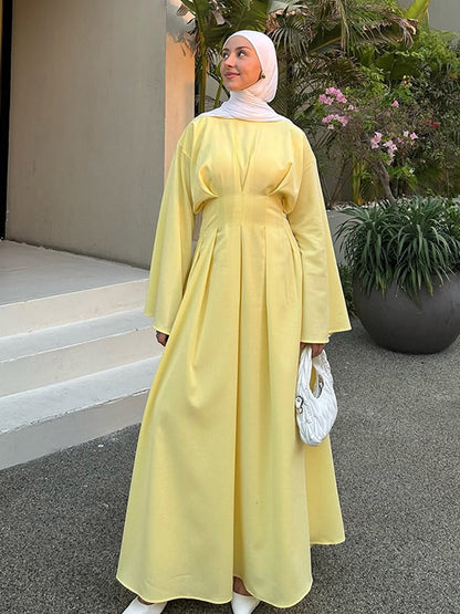 Elegant Pastel Yellow Pleated Abaya