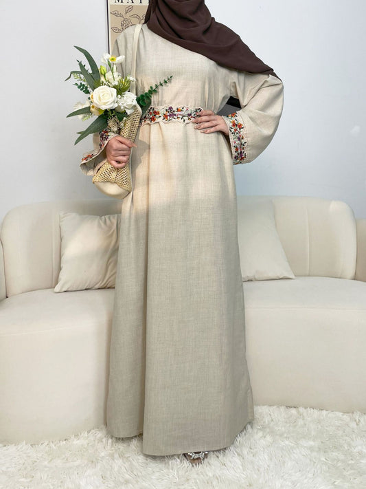 Abaya Linen Lace Embroidered Dress for Women