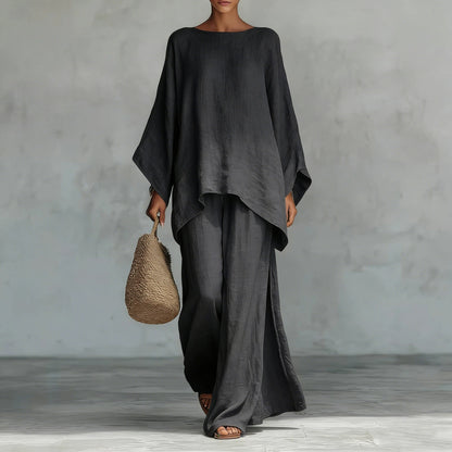 Loose Linen Blend Shirt and Wide-Leg Pants Set