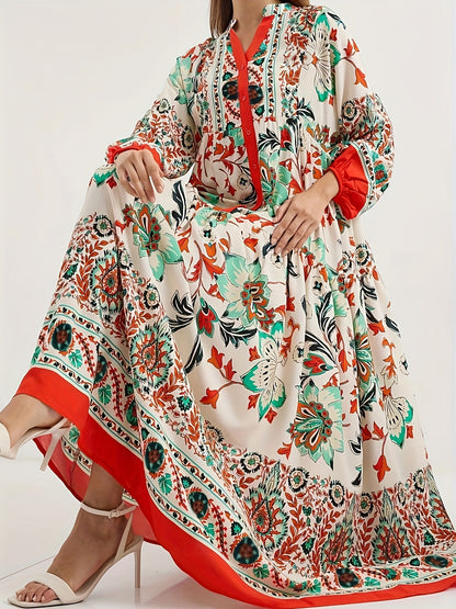 Floral Printed Cotton Maxi Dress – Elegant Loose Fit Long Sleeve Boho Style