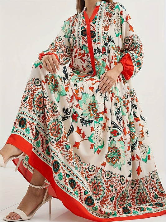 Floral Printed Cotton Maxi Dress – Elegant Loose Fit Long Sleeve Boho Style