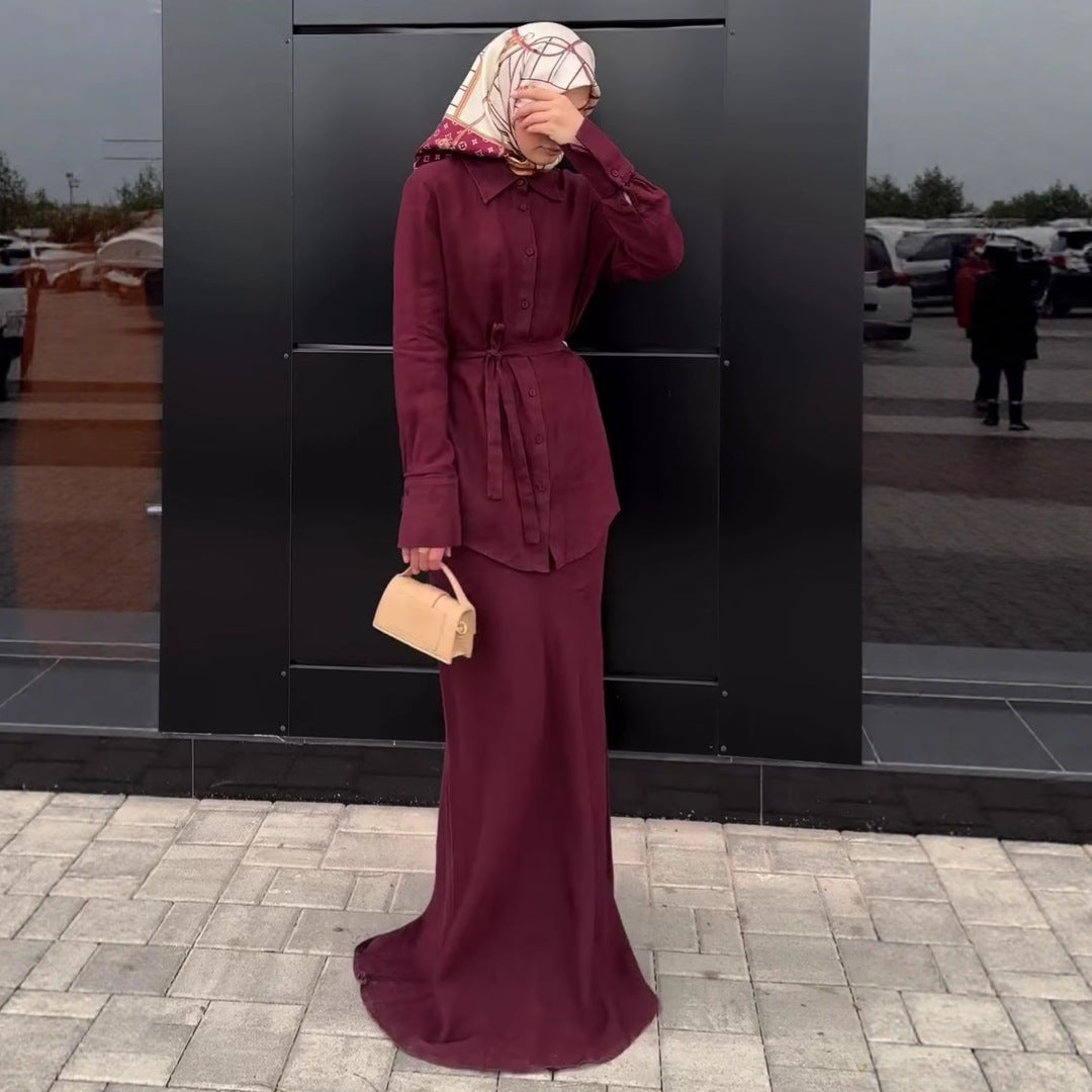 Simple Fashion Elegant Temperament Versatile Elegant Purple Long-Sleeve Tie Long Dress