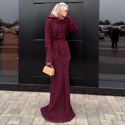 Simple Fashion Elegant Temperament Versatile Elegant Purple Long-Sleeve Tie Long Dress