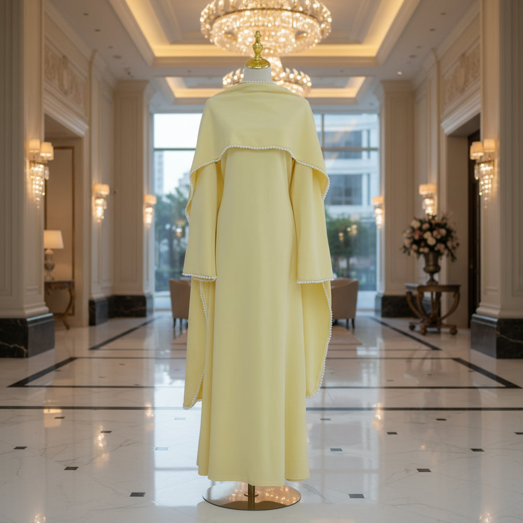 A pale yellow long-sleeved dress or abaya displayed on a mannequin in a bright, minimalist room with a white sofa, a vase of pampas grass, and sheer curtains.