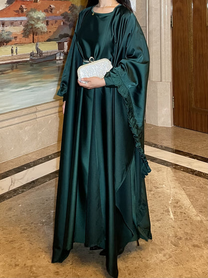 Elegant Satin Batwing Abaya with Rhinestone Belt – Luxury Modest Evening Dress