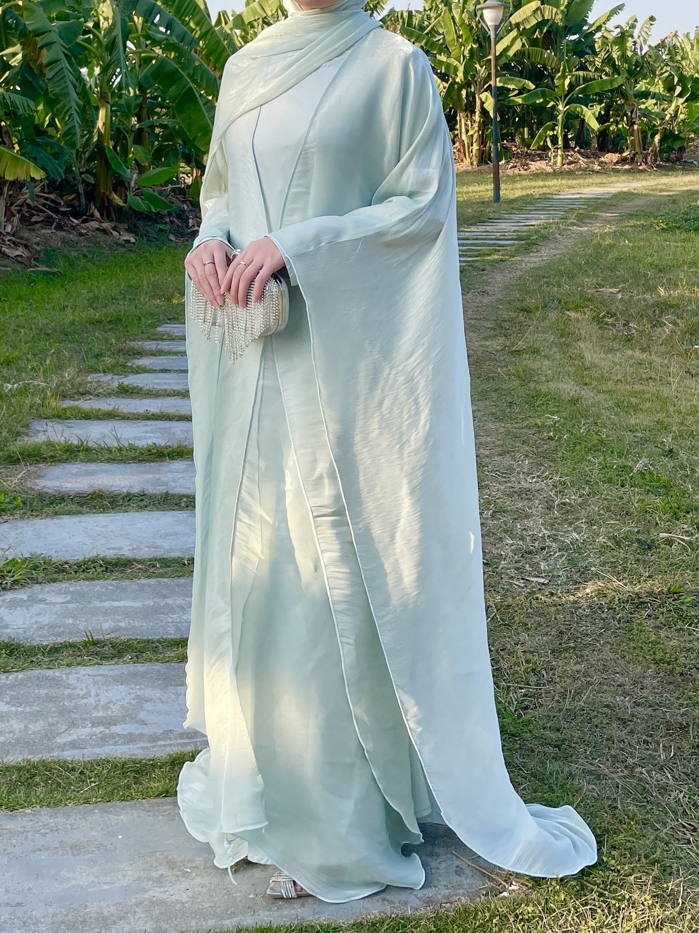 Luxury White Satin Abaya with Sheer Overlay – Elegant Modest Occasion Dress