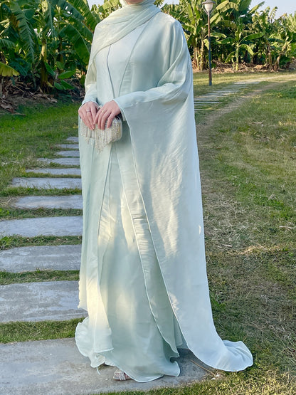 Luxury White Satin Abaya with Sheer Overlay – Elegant Modest Occasion Dress
