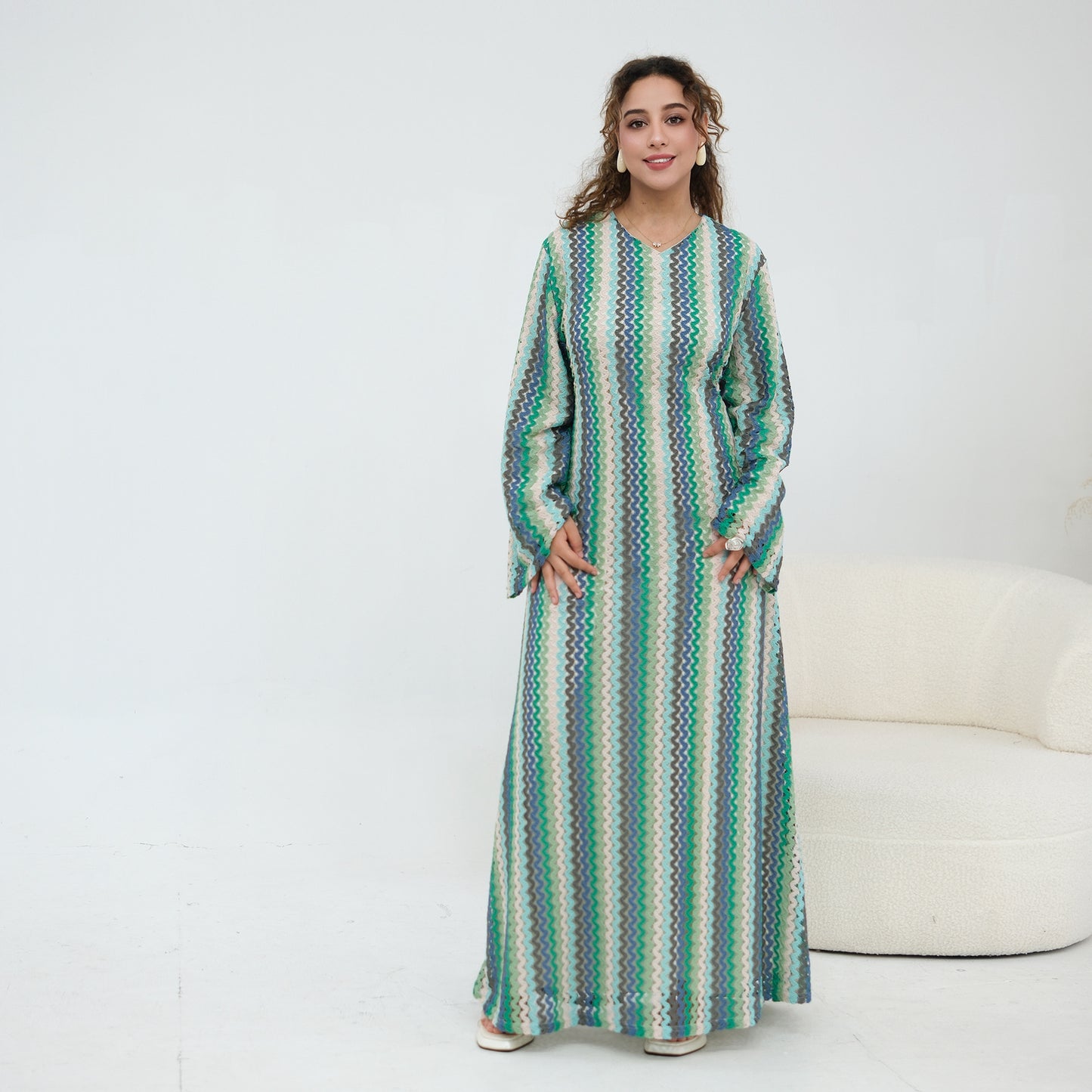 Abaya Elegant Colorful Jacquard Double-Layer Long Sleeve Maxi Dress | Style