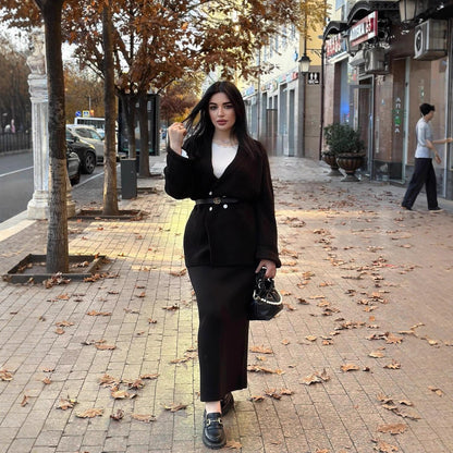 Fashion 2026 Autumn New Double-Breasted Button Sweater Jacket Hip-Covering Skirt Suit