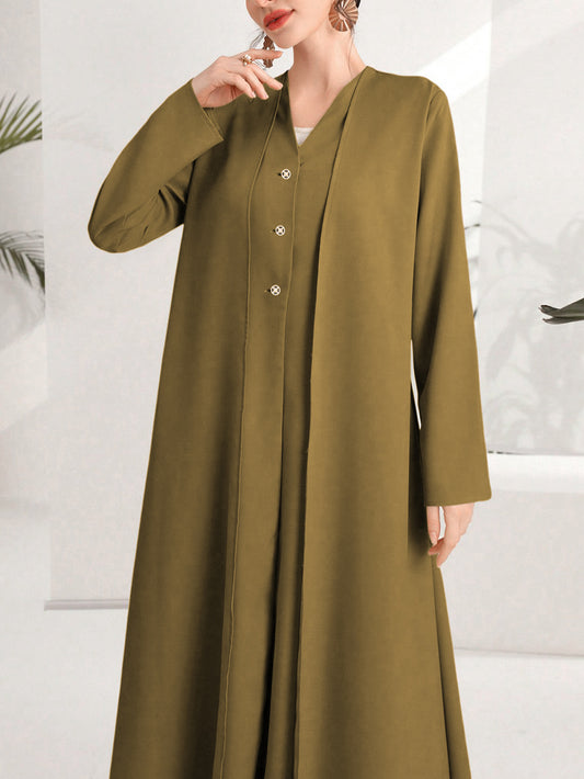 Olive Green Cotton Maxi Dress – Loose Fit Button Front Long Sleeve Abaya Style