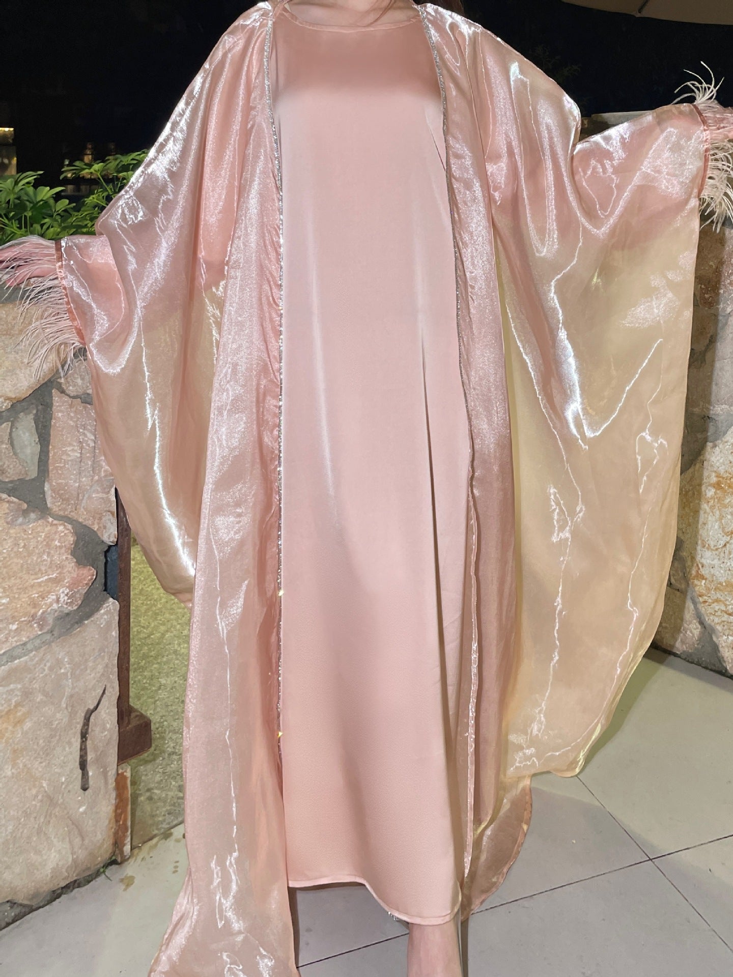 Luxury Satin Feather Trim Abaya – Elegant Modest Statement Dress