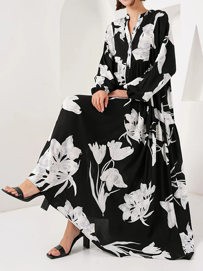 Black Cotton Printed Maxi Dress – Elegant Loose-Fit Long Sleeve Abaya Style