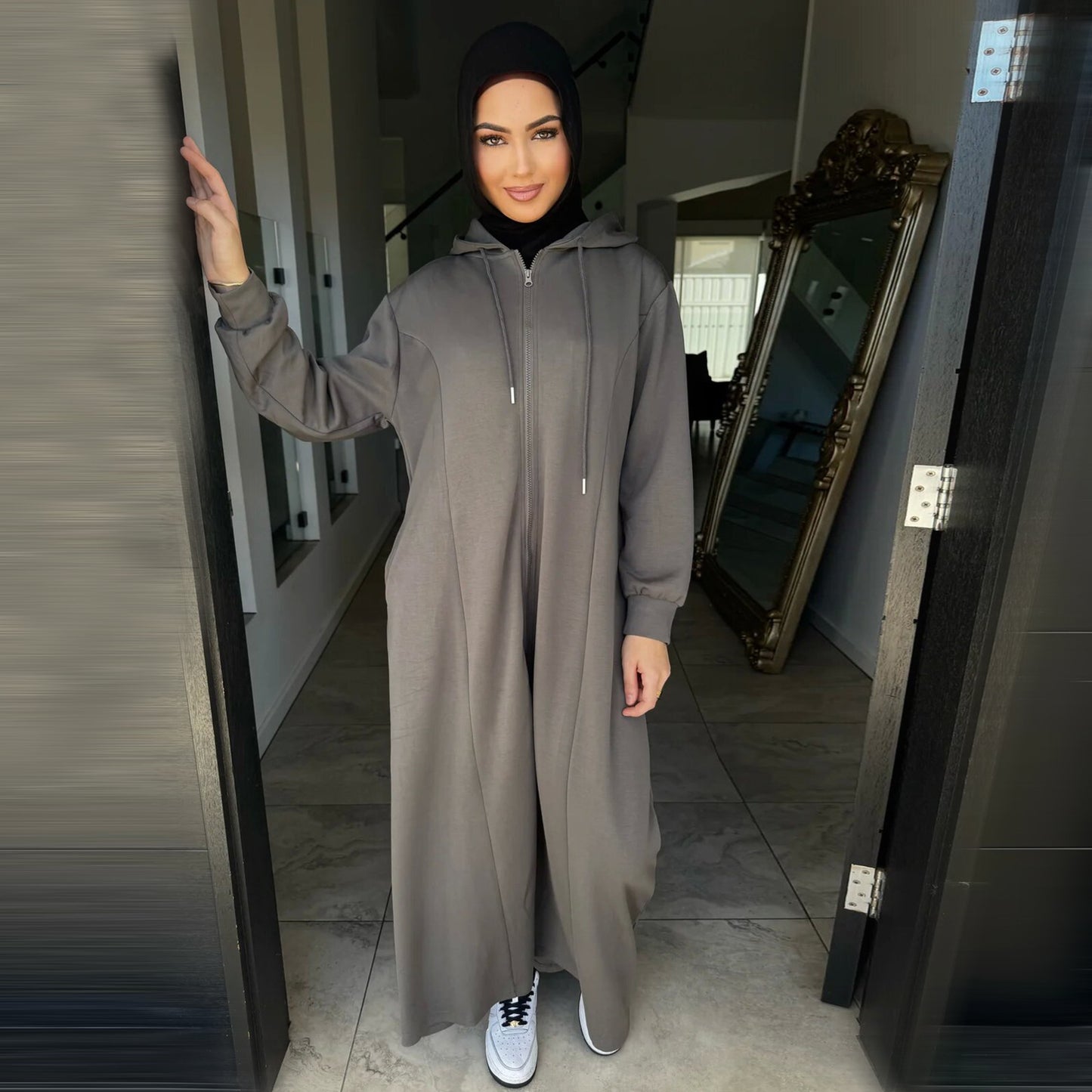 Modest Zip Hoodie Abaya Dress – Long Sleeve Hooded Maxi Cardigan for Women