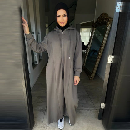 Modest Zip Hoodie Abaya Dress – Long Sleeve Hooded Maxi Cardigan for Women
