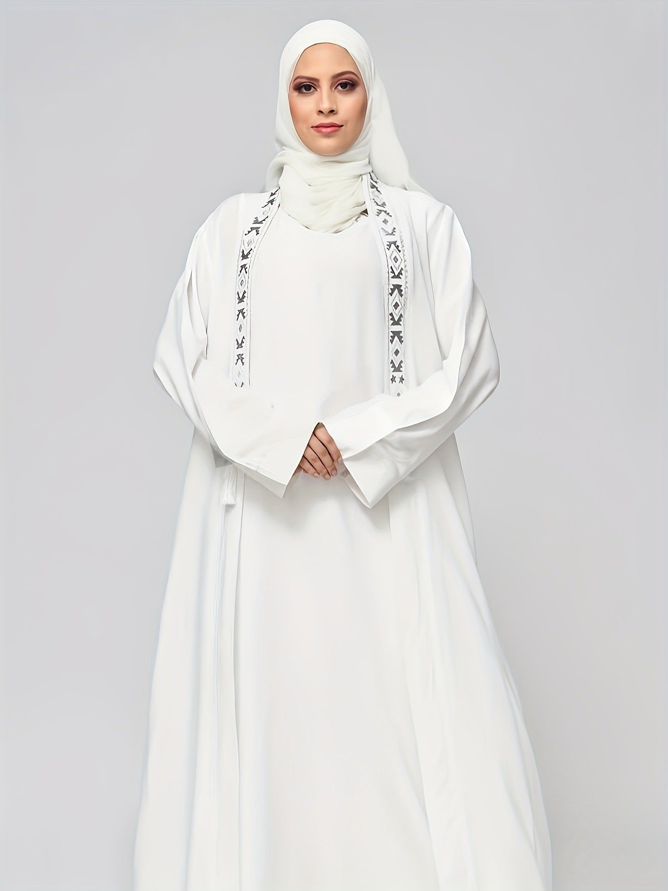 Elegant White Embroidered Abaya with Matching Hijab
