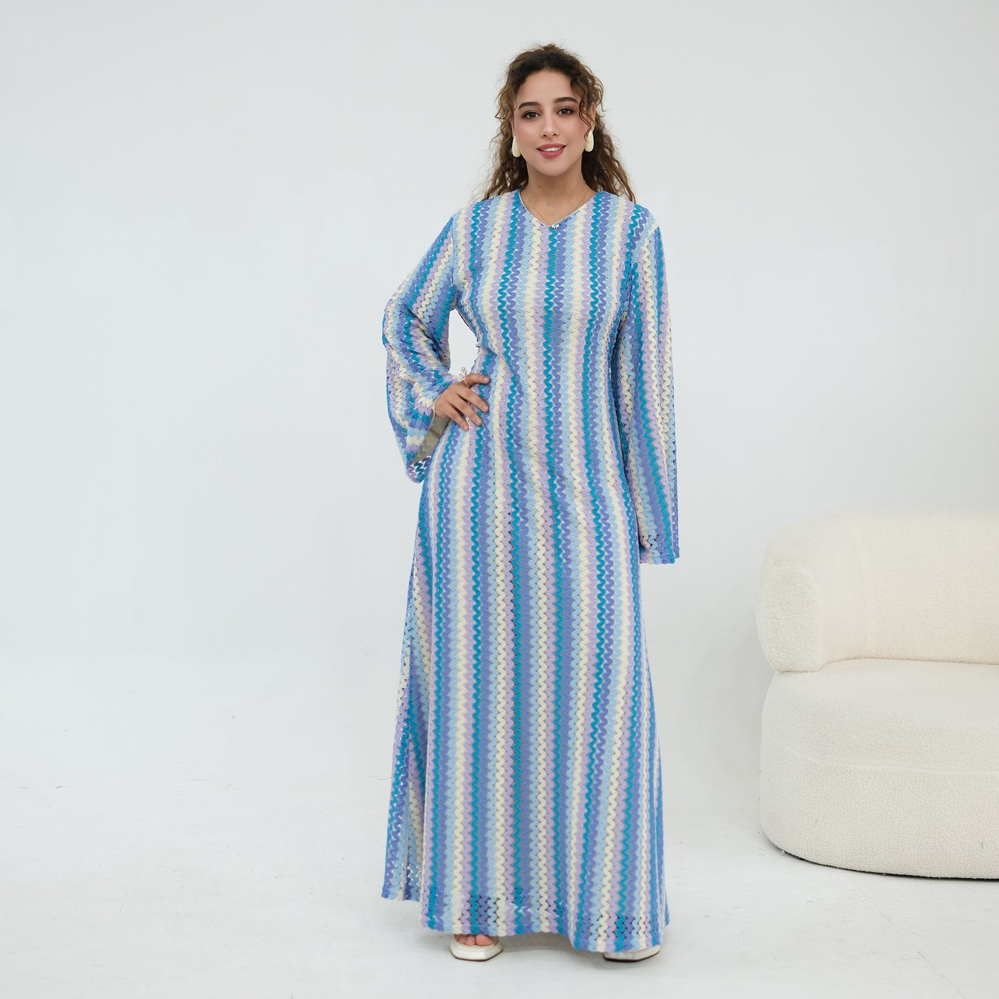Abaya Elegant Colorful Jacquard Double-Layer Long Sleeve Maxi Dress | Style