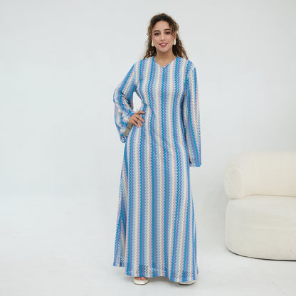 Abaya Elegant Colorful Jacquard Double-Layer Long Sleeve Maxi Dress | Style