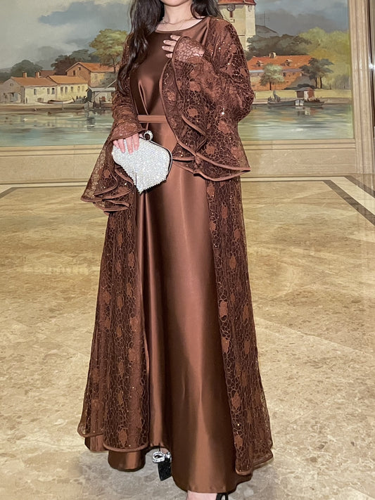Luxury Lace Abaya with Satin Inner Dress – Elegant Modest Two-Piece Set