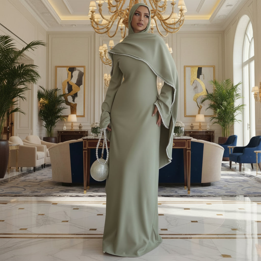 Woman in a long green dress with a hood standing in a room with a lamp and table.