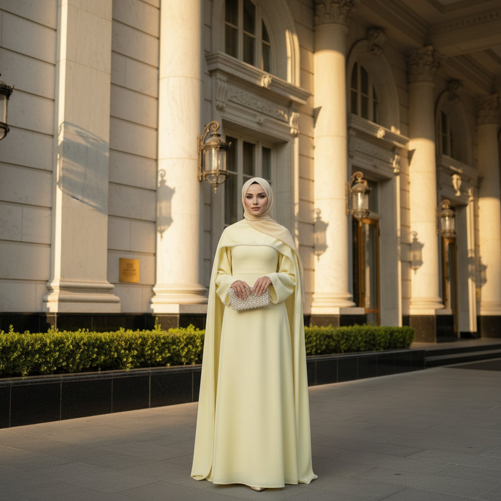 Person wearing a light yellow outfit with a matching hijab outdoors.