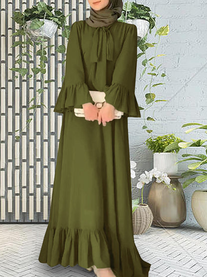 Elegant Modest Maxi Dress with Tie Neck – Olive Green