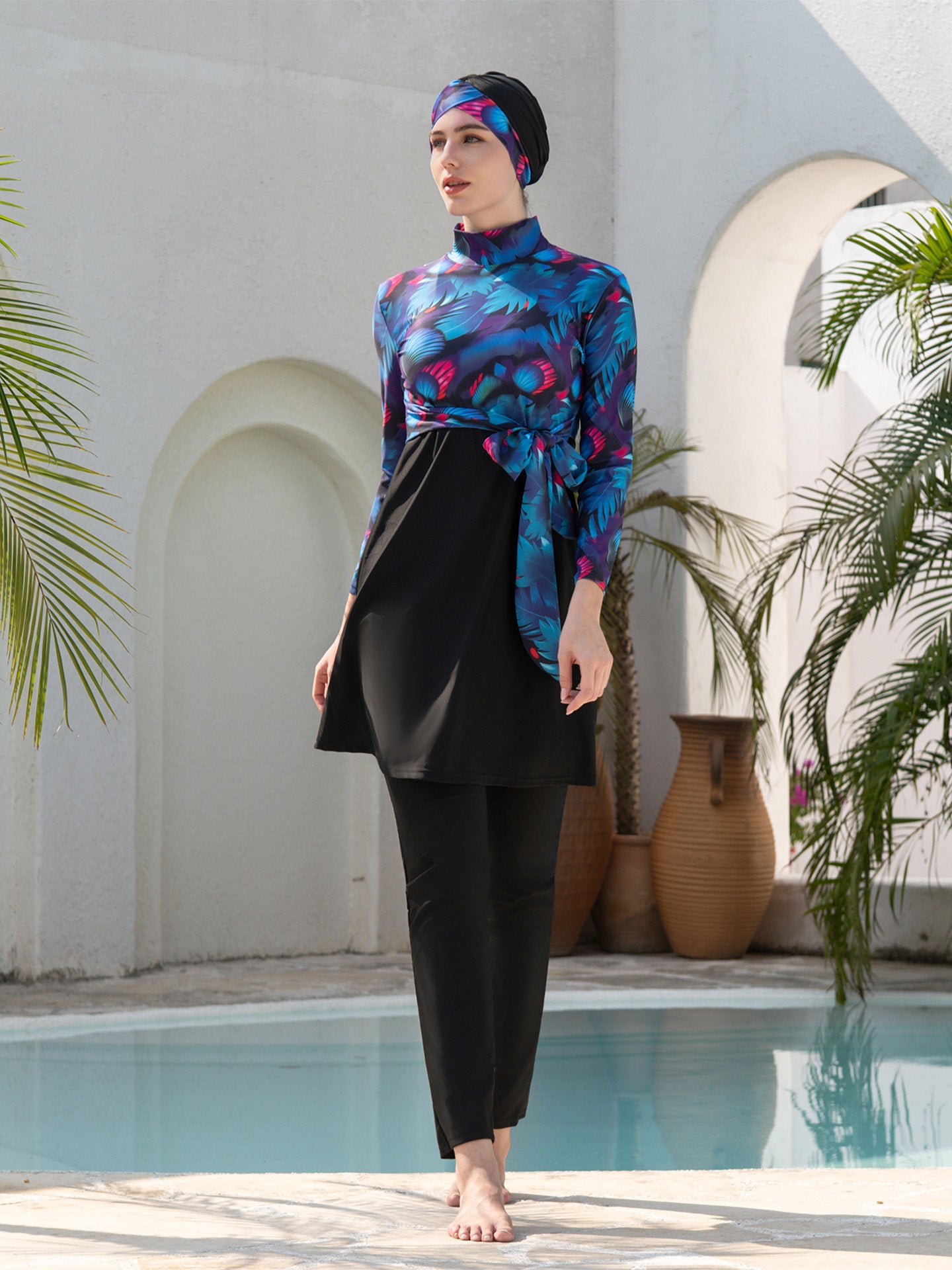 Stay confident and covered with this elegant modest swimwear