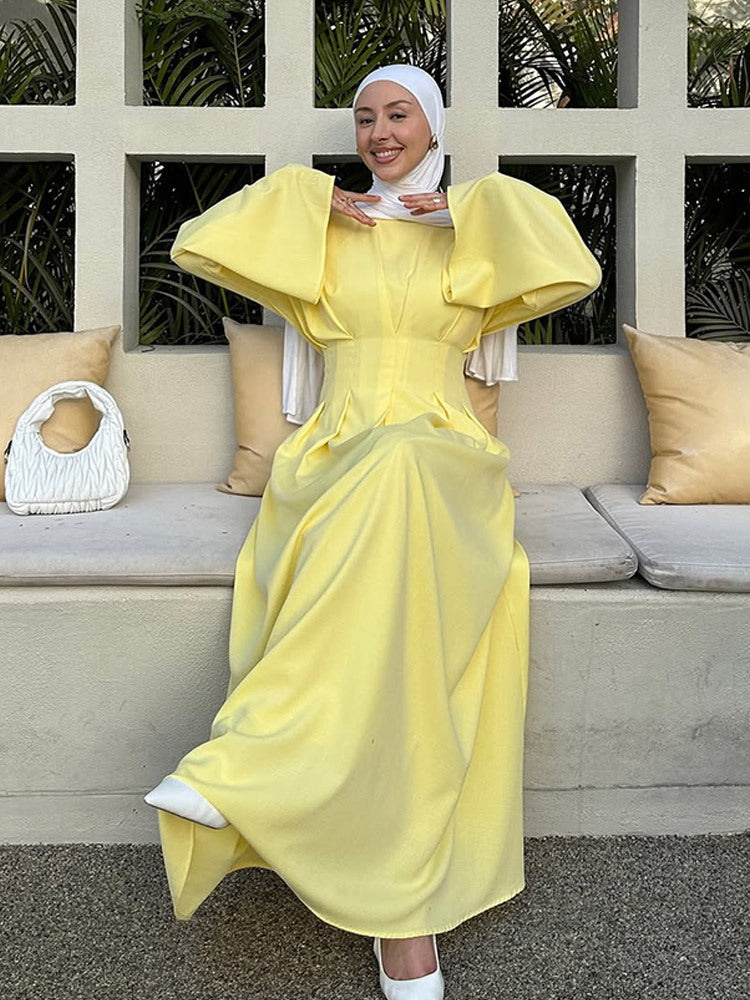 Elegant Pastel Yellow Pleated Abaya