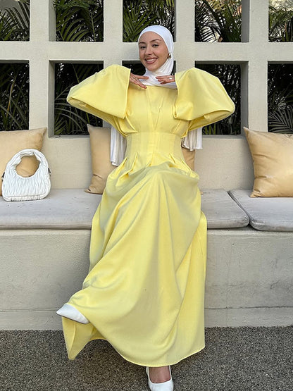 Elegant Pastel Yellow Pleated Abaya