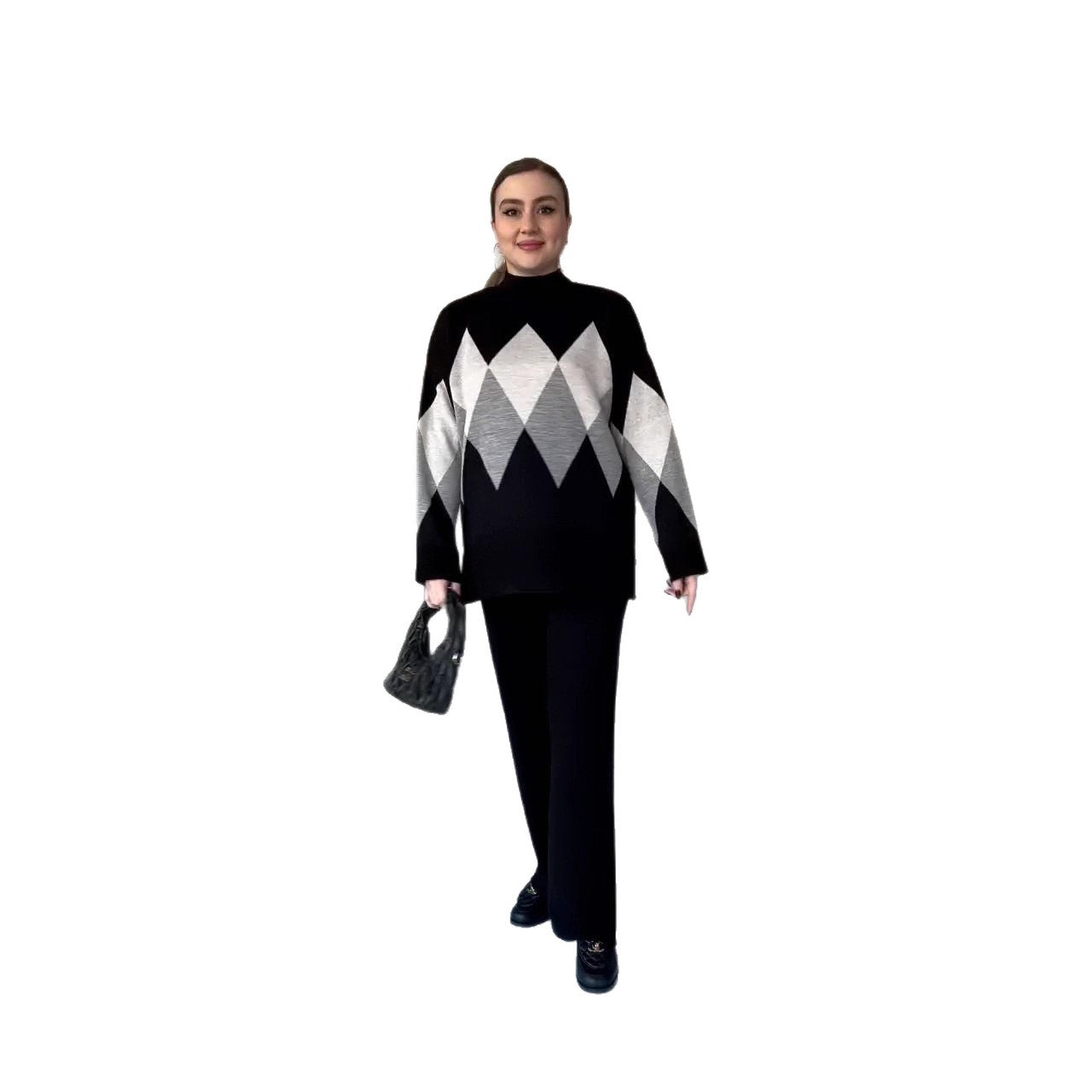 Fashion  Autumn Quilted Color-Blocking Lazy Style Hooded Knitted Crew Neck Sweater Set