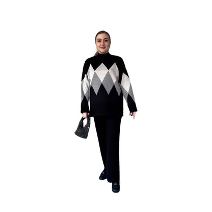 Fashion  Autumn Quilted Color-Blocking Lazy Style Hooded Knitted Crew Neck Sweater Set