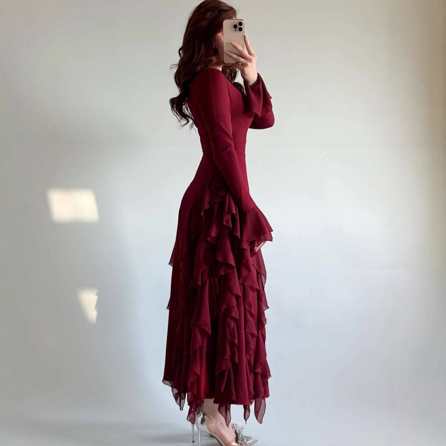 New Style Waist-Cinching Banquet Ruffled Round-Neck Long-Sleeve Socialite Dress