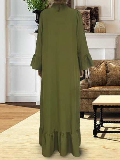 Elegant Modest Maxi Dress with Tie Neck – Olive Green