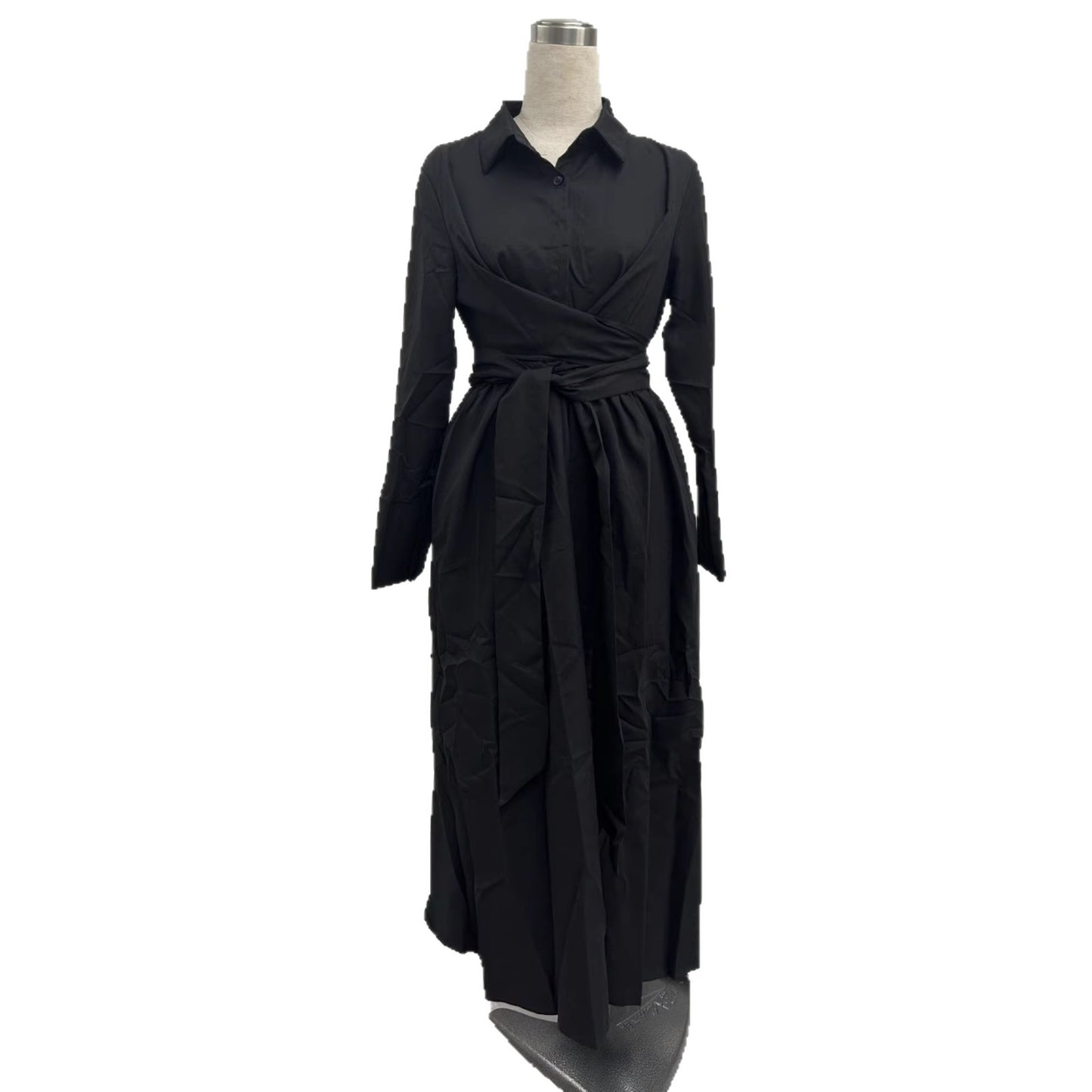 Lace-Up Slim-Fit Commuter Daily Solid Color Turn-Down Collar New Style Waist-Cinching Long Dre