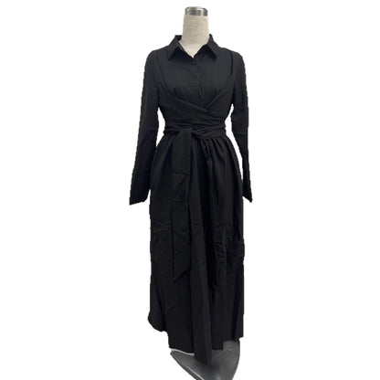 Lace-Up Slim-Fit Commuter Daily Solid Color Turn-Down Collar New Style Waist-Cinching Long Dre