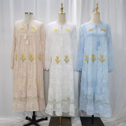 Floral Maxi Abaya Dress – Beige, White, Blue.