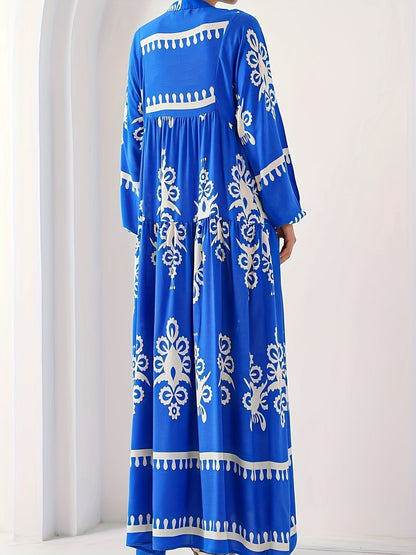 Blue Cotton Printed Maxi Dress – Elegant Loose-Fit Long Sleeve Abaya Style