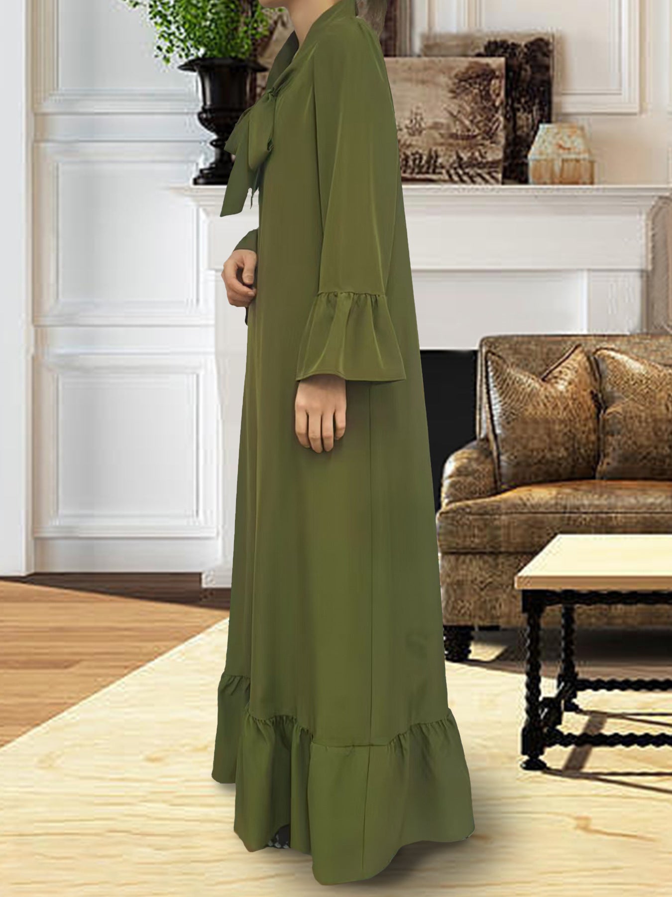 Elegant Modest Maxi Dress with Tie Neck – Olive Green