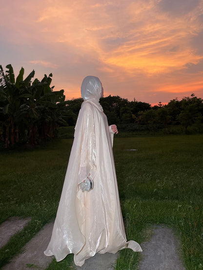 Luxury White Satin Abaya with Sheer Overlay – Elegant Modest Occasion Dress