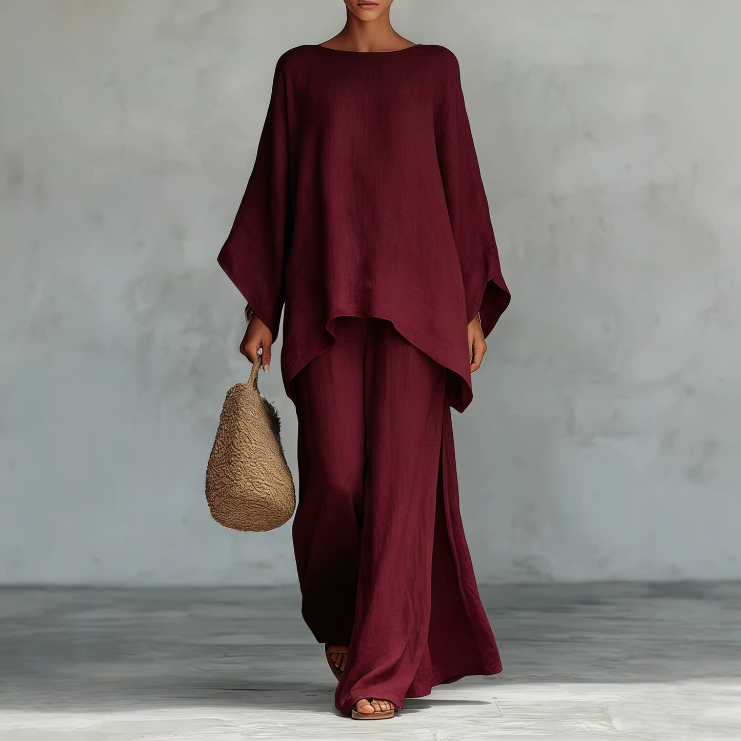 Loose Linen Blend Shirt and Wide-Leg Pants Set