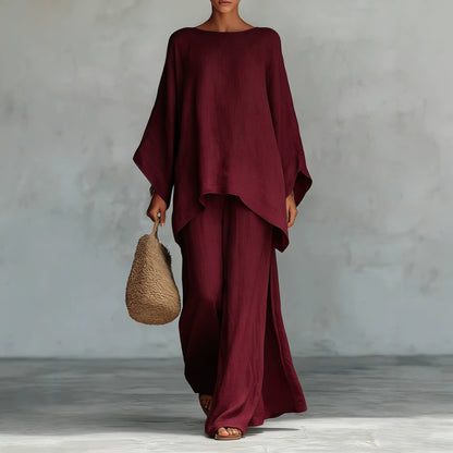 Loose Linen Blend Shirt and Wide-Leg Pants Set