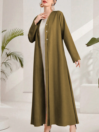 Olive Green Cotton Maxi Dress – Loose Fit Button Front Long Sleeve Abaya Style