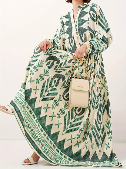 Green Cotton Printed Maxi Dress – Elegant Loose-Fit Long Sleeve Abaya Style